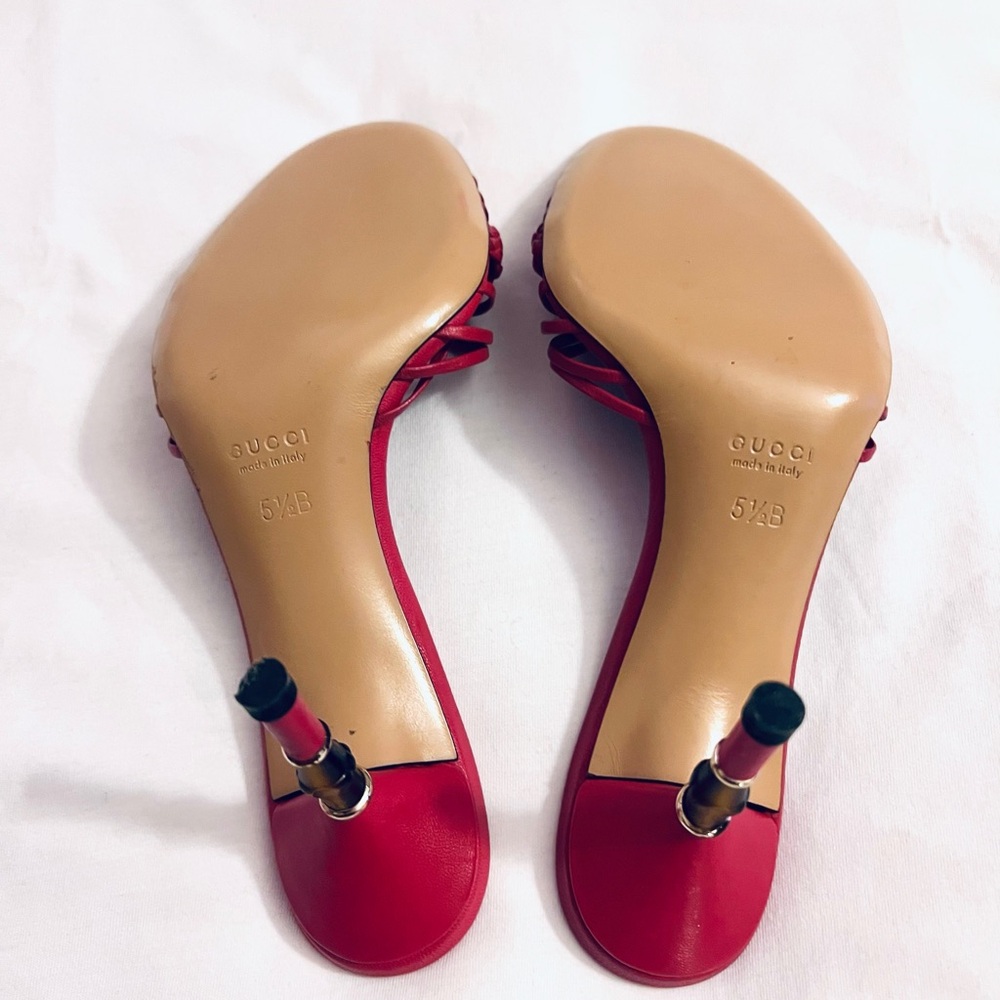 (NEW) Gucci Pink Bamboo Heels Sandals, 5.5B - Picture 6 of 10
